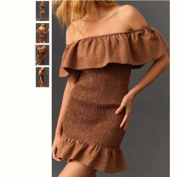 By Anthropologie Off-The-Shoulder Smocked Mini Dress - Picture 2 of 4
